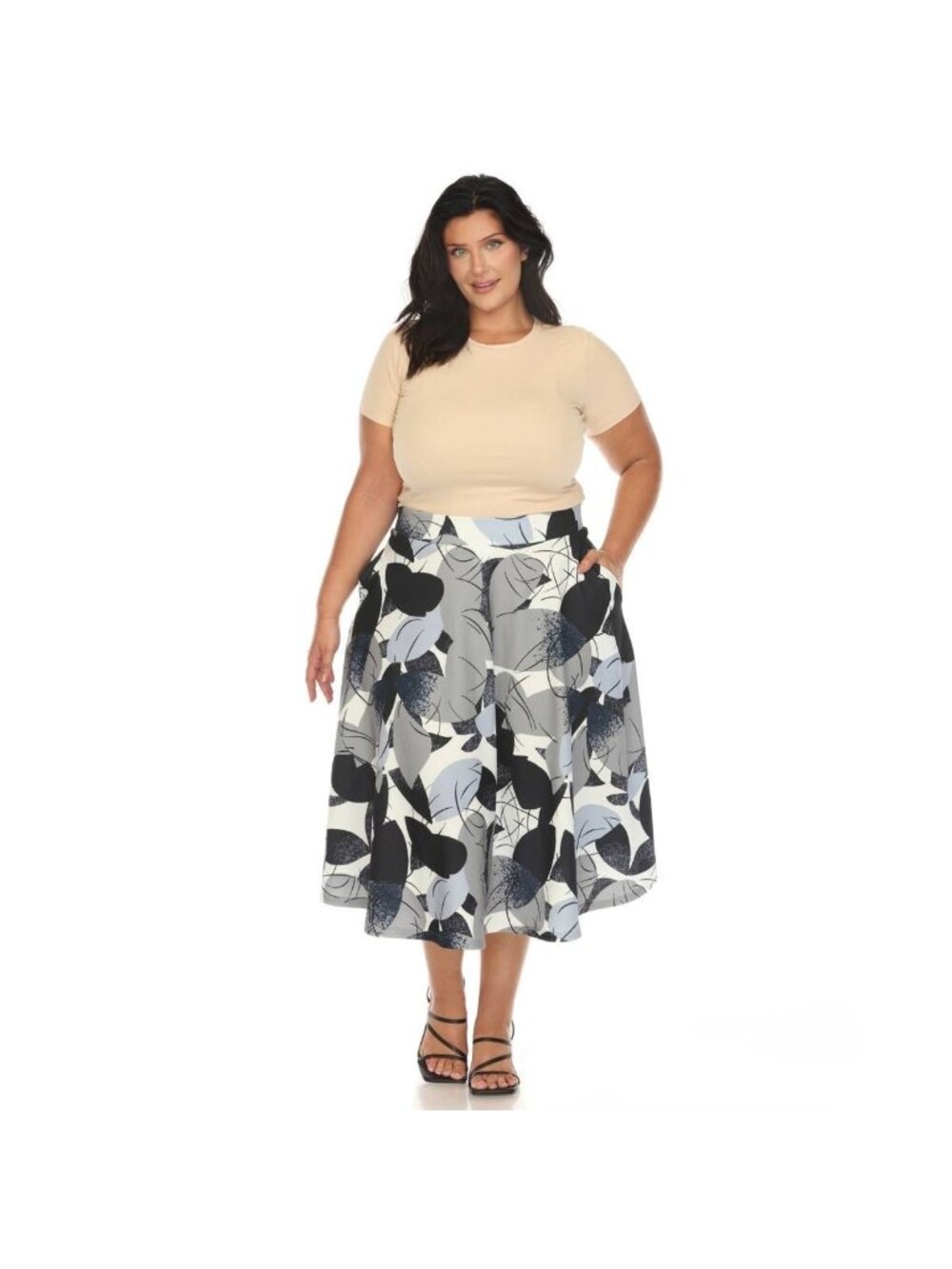 White Mark Leaf Vintage Flared Midi Skirt Polyester Plus Size 3X Blue Gray $70